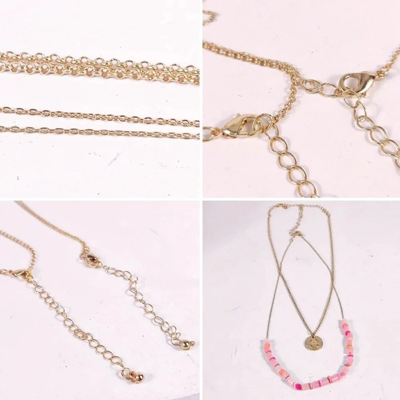 Delicate Necklace Set Pink Minimal Beachy Beaded Gold Tone Charm Coin 2 … - Picture 9 of 10